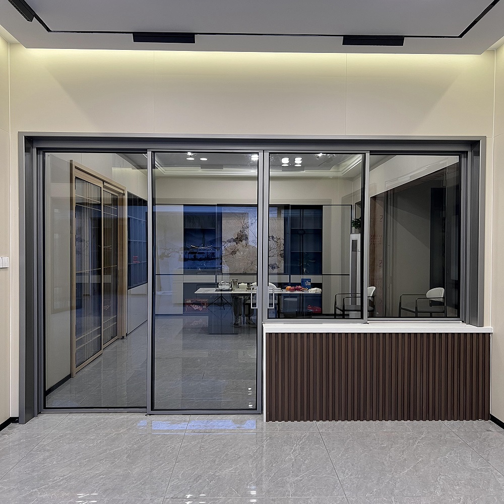 Three-track PT door with mesh screen